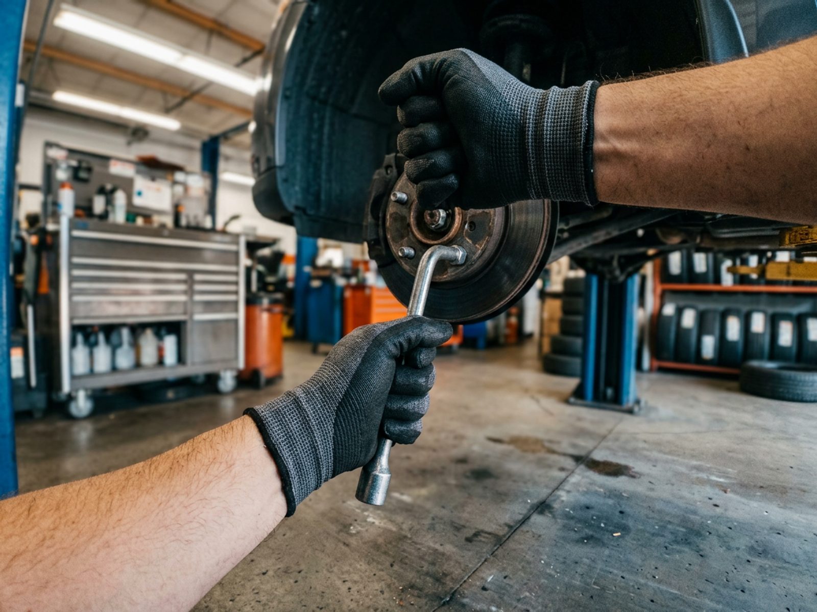 First-person view of gloved hands loosening a lug nut on a raised car wheel with a tire iron inside an auto repair shop bay