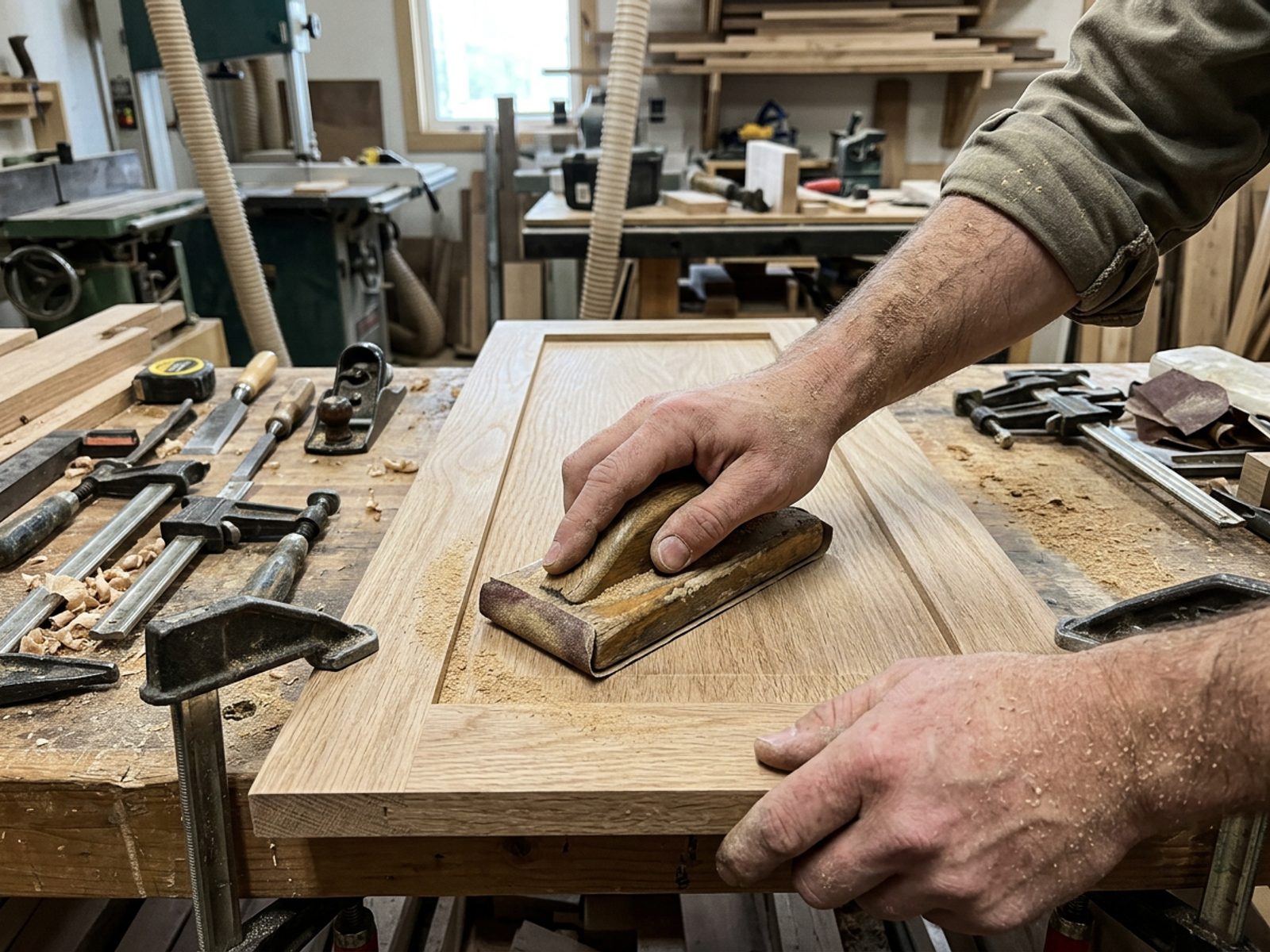 First-person view of hands sanding a wooden cabinet door with a sanding block on a woodshop workbench, sawdust and clamps around it