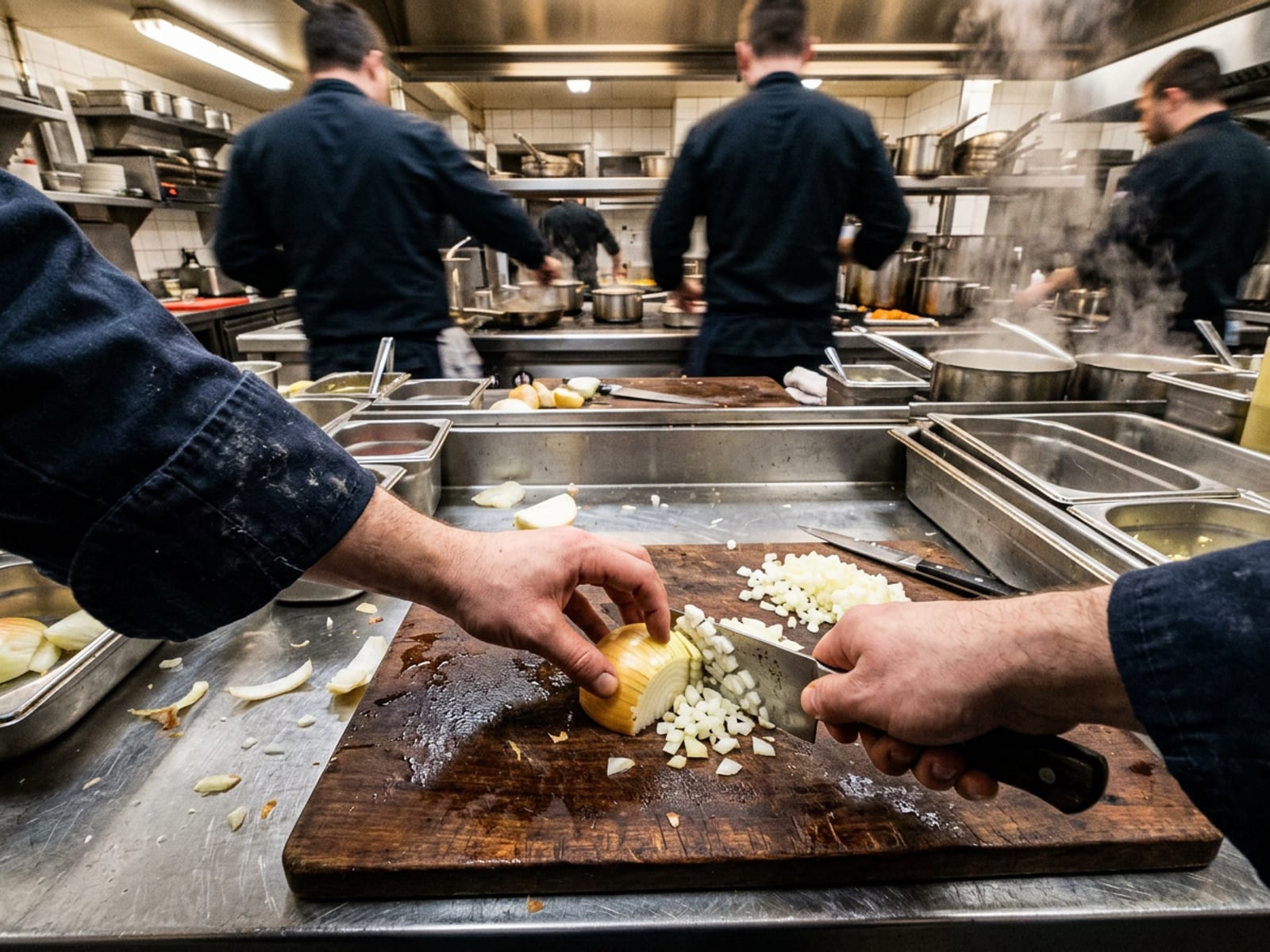 First-person view of hands dicing an onion on a cutting board at a stainless steel prep station, cooks working in the background