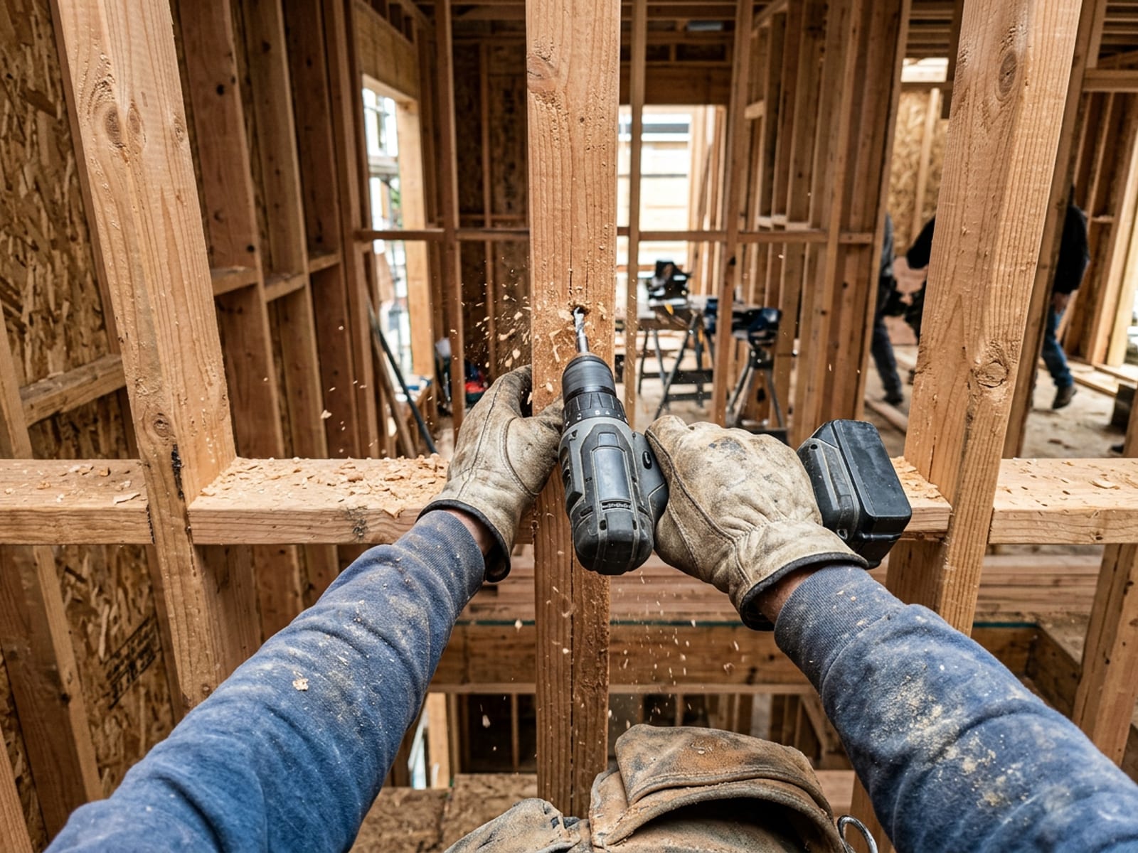 First-person view of gloved hands drilling into a wooden stud frame on a construction site, sawdust in the air and a tool belt at the bottom of the frame