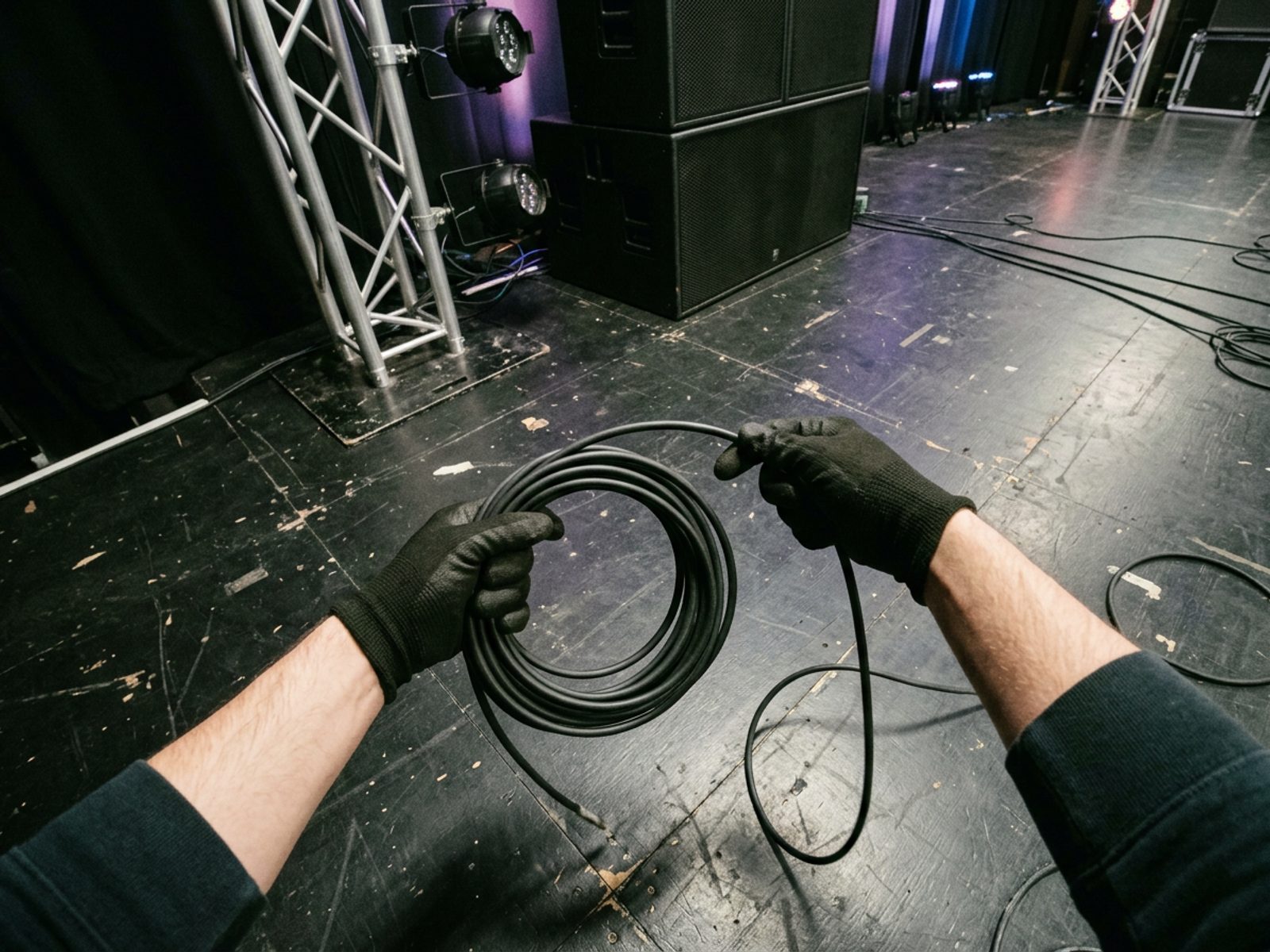 First-person view of gloved hands coiling a thick black cable on an event stage floor, with lighting truss and speaker cabinets nearby