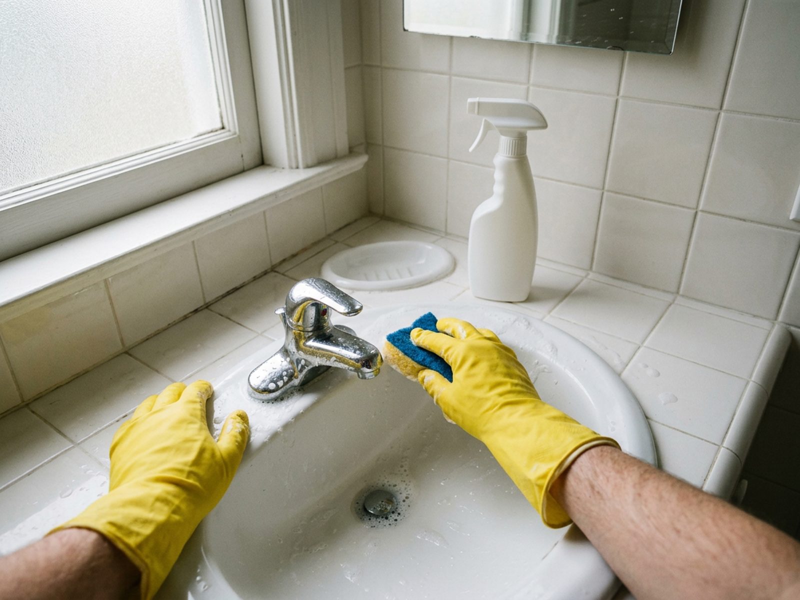 First-person view of hands in yellow rubber gloves scrubbing a white bathroom sink and chrome faucet with a sponge