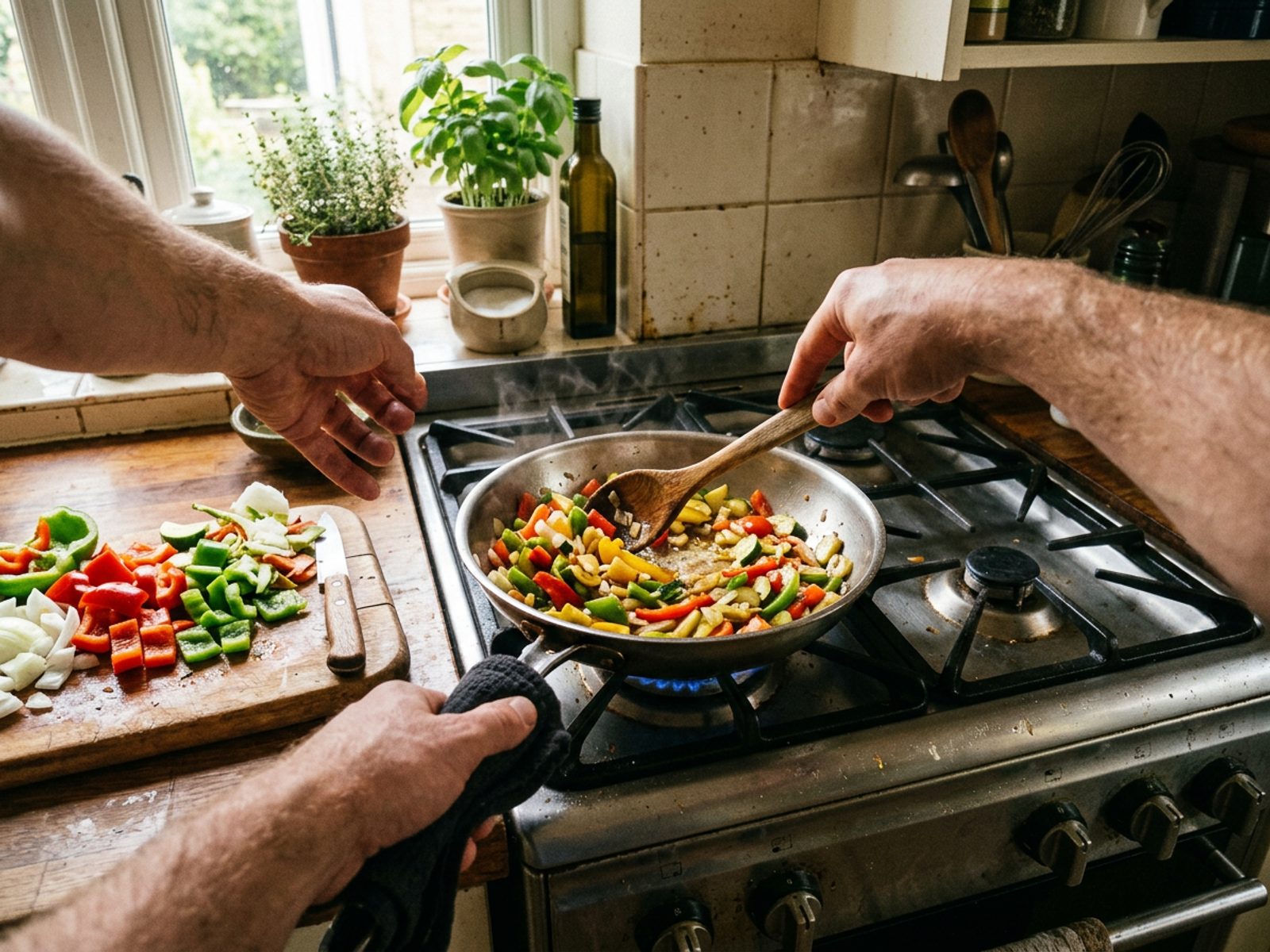 First-person view of hands stirring chopped vegetables in a skillet on a gas stove in a home kitchen, with a cutting board of peppers and onions nearby