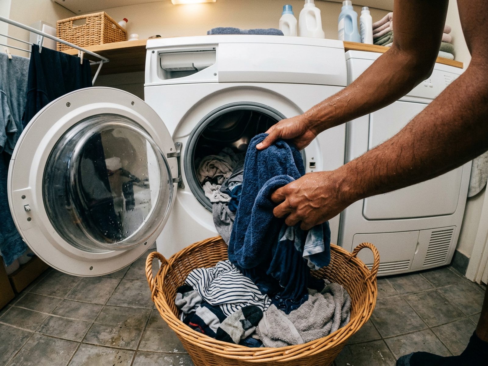 First-person view of hands pulling damp clothes out of an open front-load washing machine into a wicker laundry basket