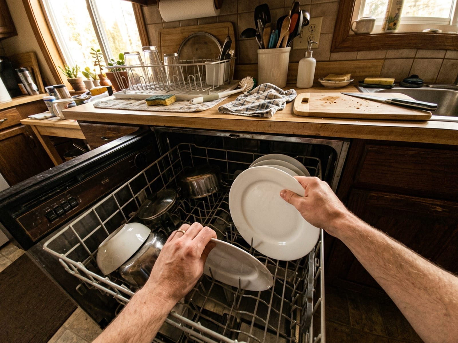 First-person view of hands loading white plates into an open dishwasher in a lived-in home kitchen with warm window light