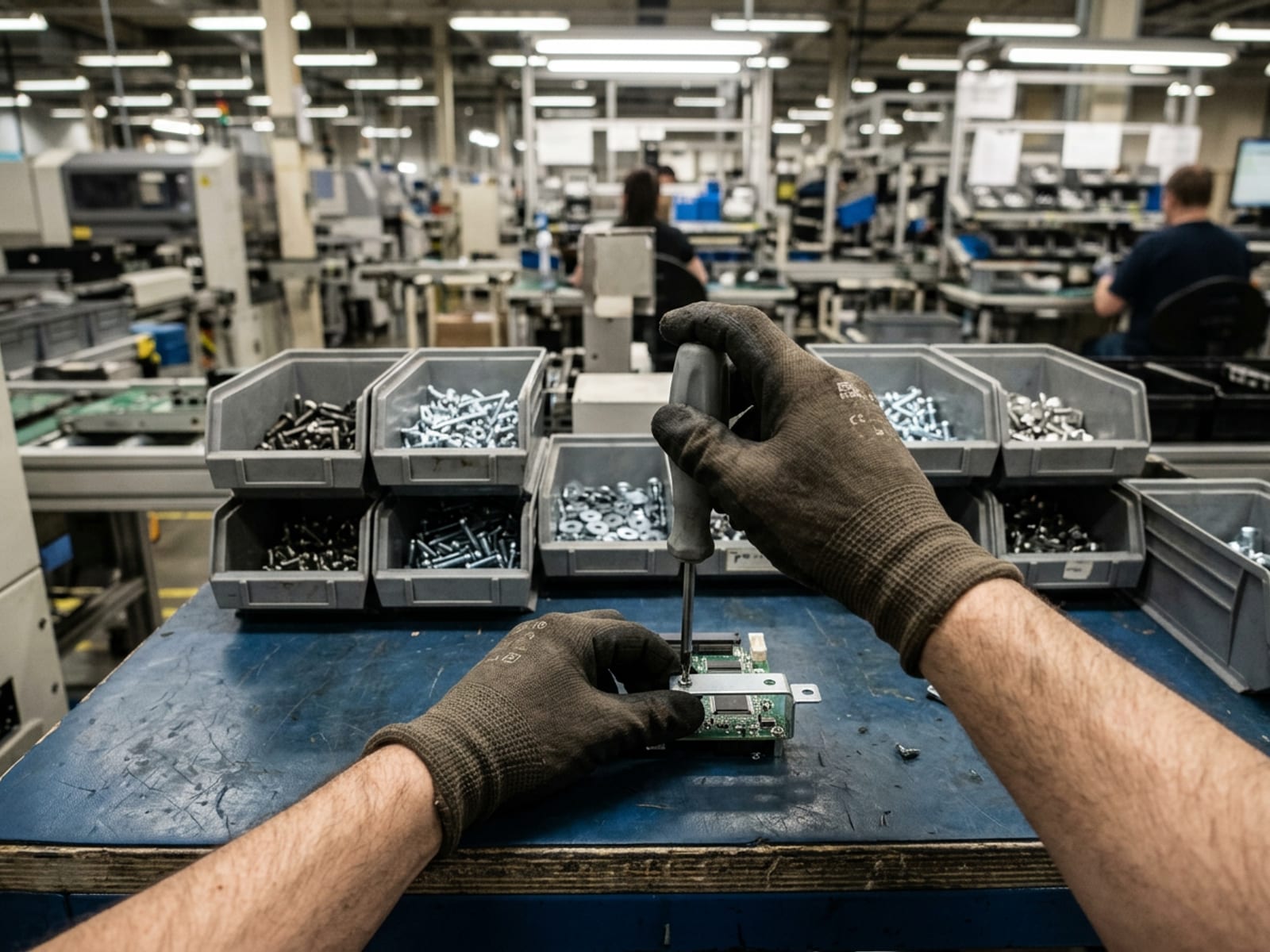 First-person view of gloved hands fastening a metal bracket with a screwdriver at an assembly workbench lined with parts bins