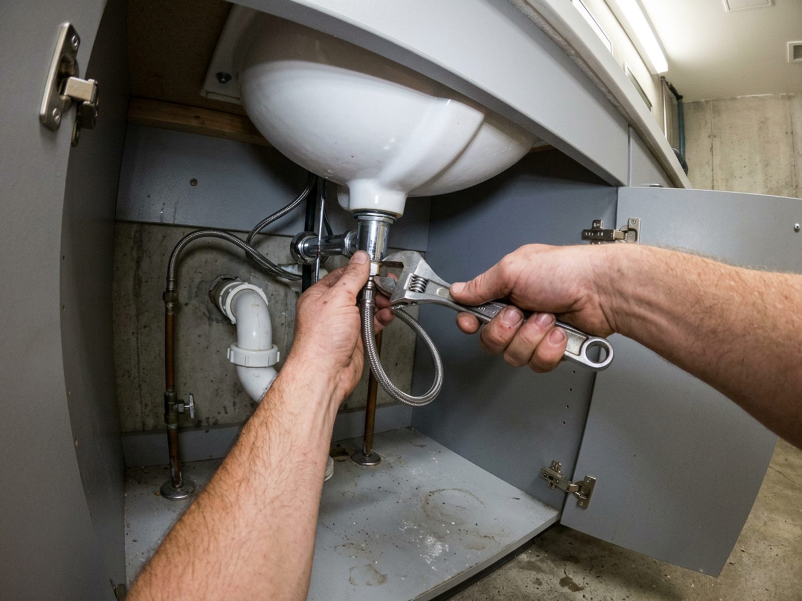 First-person view of hands tightening a chrome faucet supply line with an adjustable wrench under a restroom sink, copper and white PVC pipes in view
