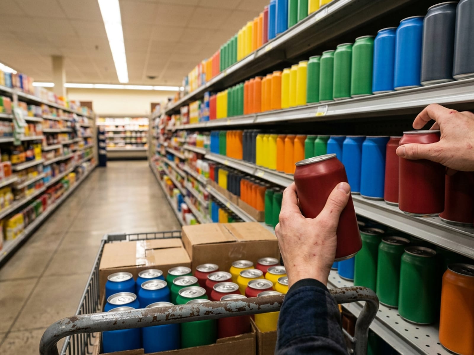 First-person view of hands placing cans onto a grocery store shelf from a rolling stocking cart, a long aisle stretching ahead under fluorescent lights