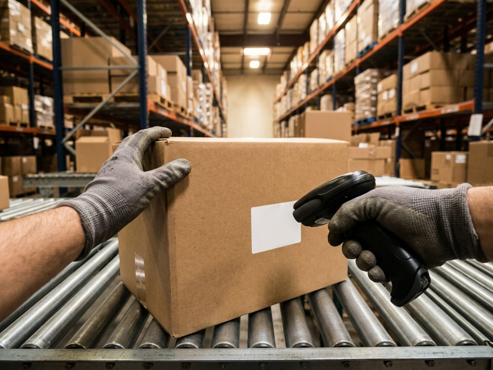 First-person view of gloved hands scanning a cardboard box on a roller conveyor, with pallet racks stretching down the aisle