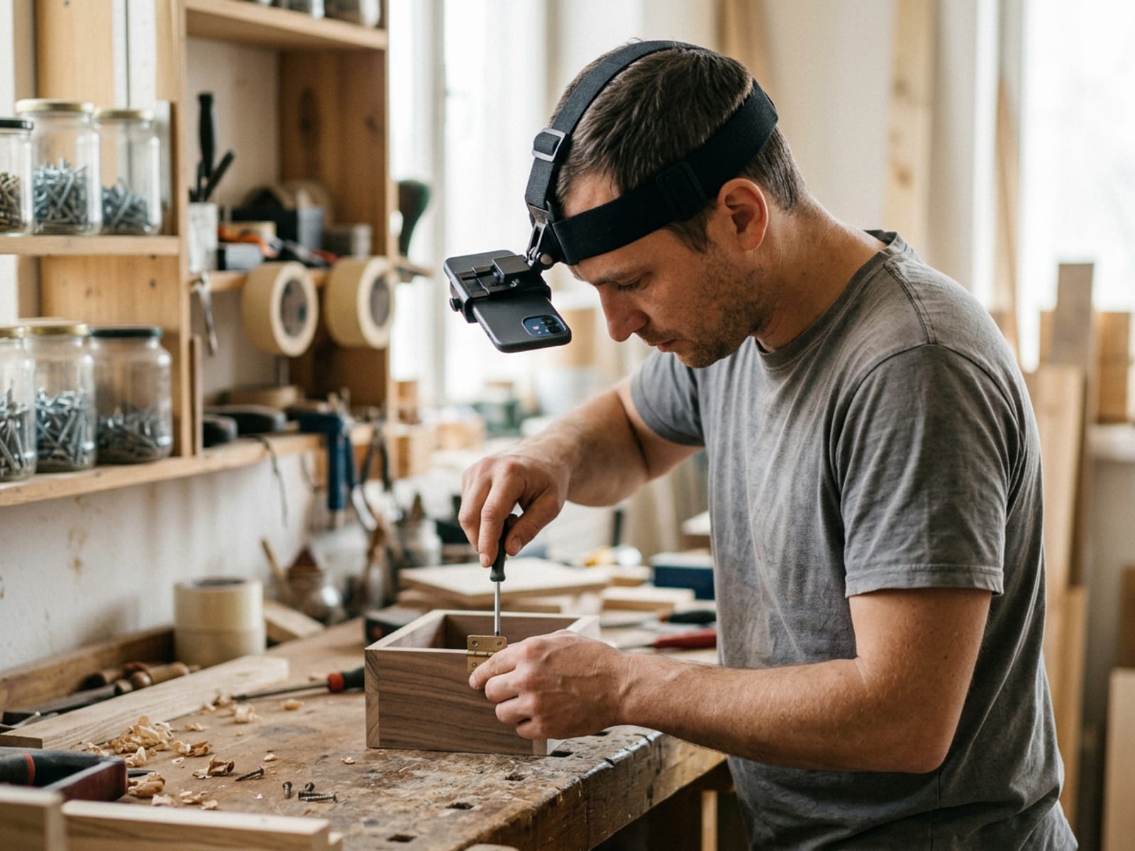 Side view of a worker wearing an elastic head strap with a phone clamped at the forehead in landscape, tilted down toward his hands as he screws a hinge onto a small wooden box at a workshop bench